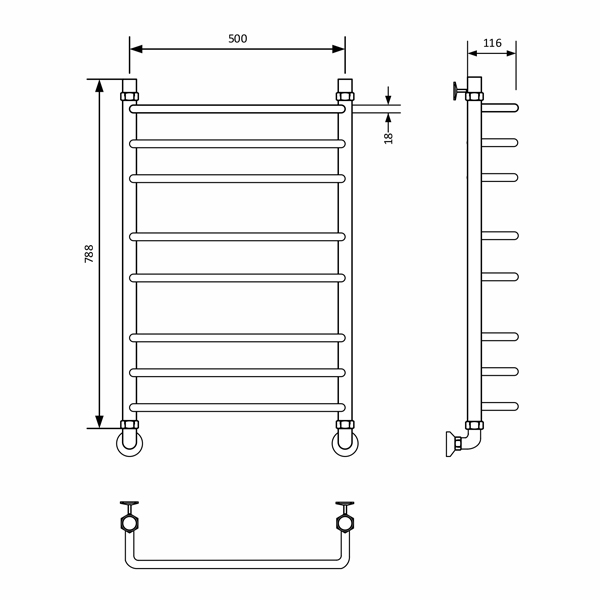 Полотенцесушитель ZOX ЛЦ 80х50 1'' 8 перекл ПРЯМОУГ универс подкл ...
